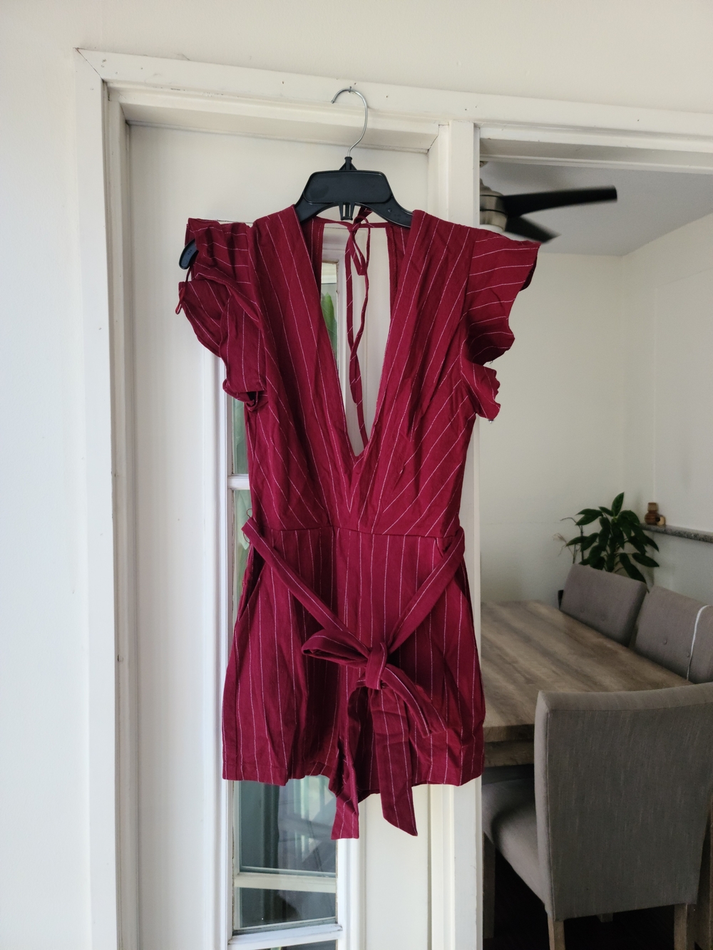Women's Burgundy Pinstripe V-Neck Romper